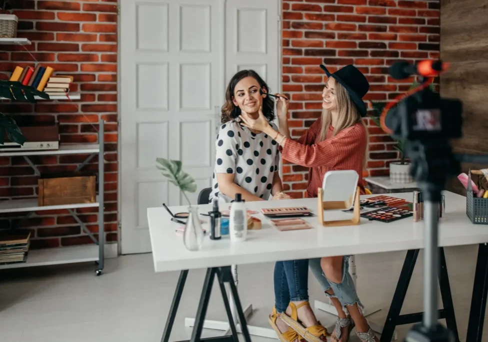 Beauty vlog setup with two women