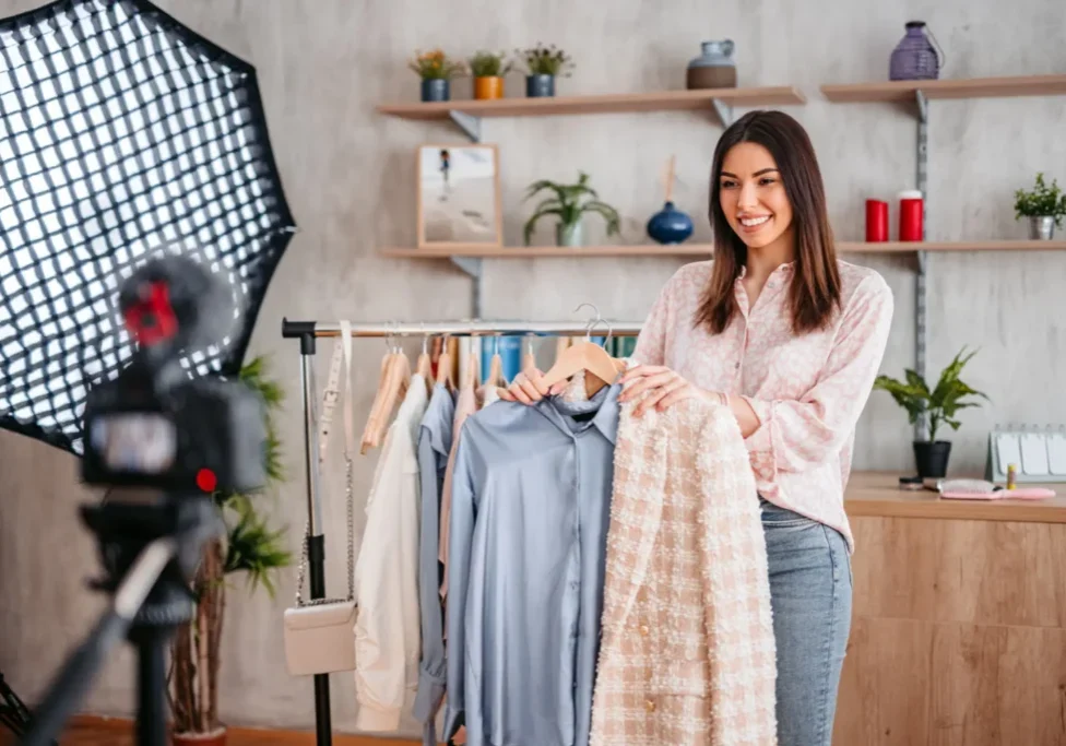 Woman presenting clothes in home studio
