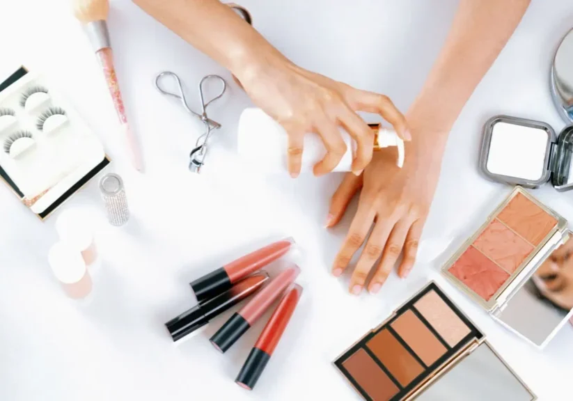 Beauty products and hands on table